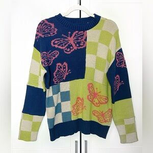 Forever21 Funky Colorful Checkered Sweater | Size M | Green, Blue & Pink